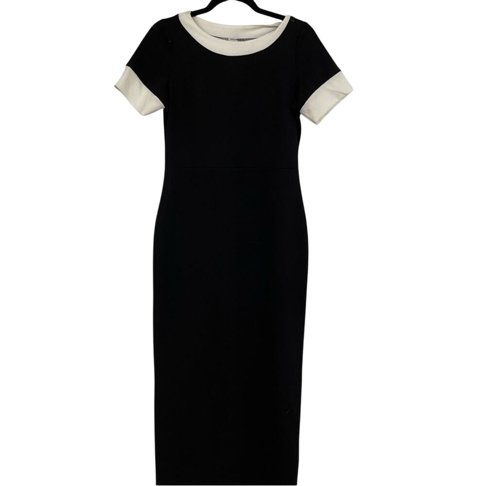 Vintage Zoet Black & White Contrast Trim Bodycon Midi Dress Womens 6 Academia